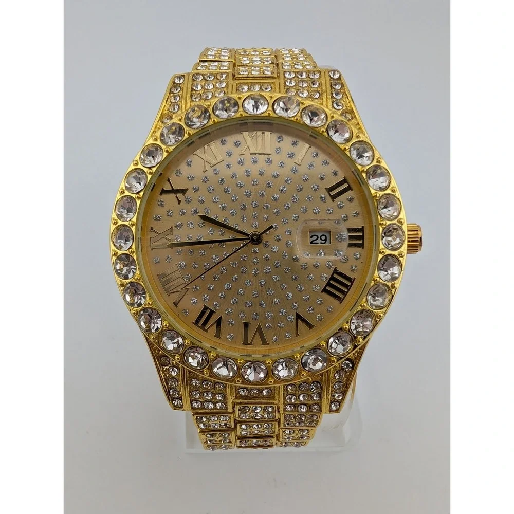 Men's Quartz‎ Watch Gold Tone Bling 43mm Case 7.5